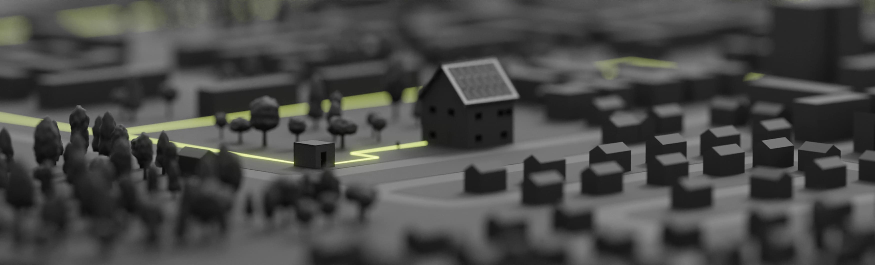 3D Modell eines Wohngebiets mit Haus, Straßen und Leitung als Darstellung einer Breitbandausbau Lösung