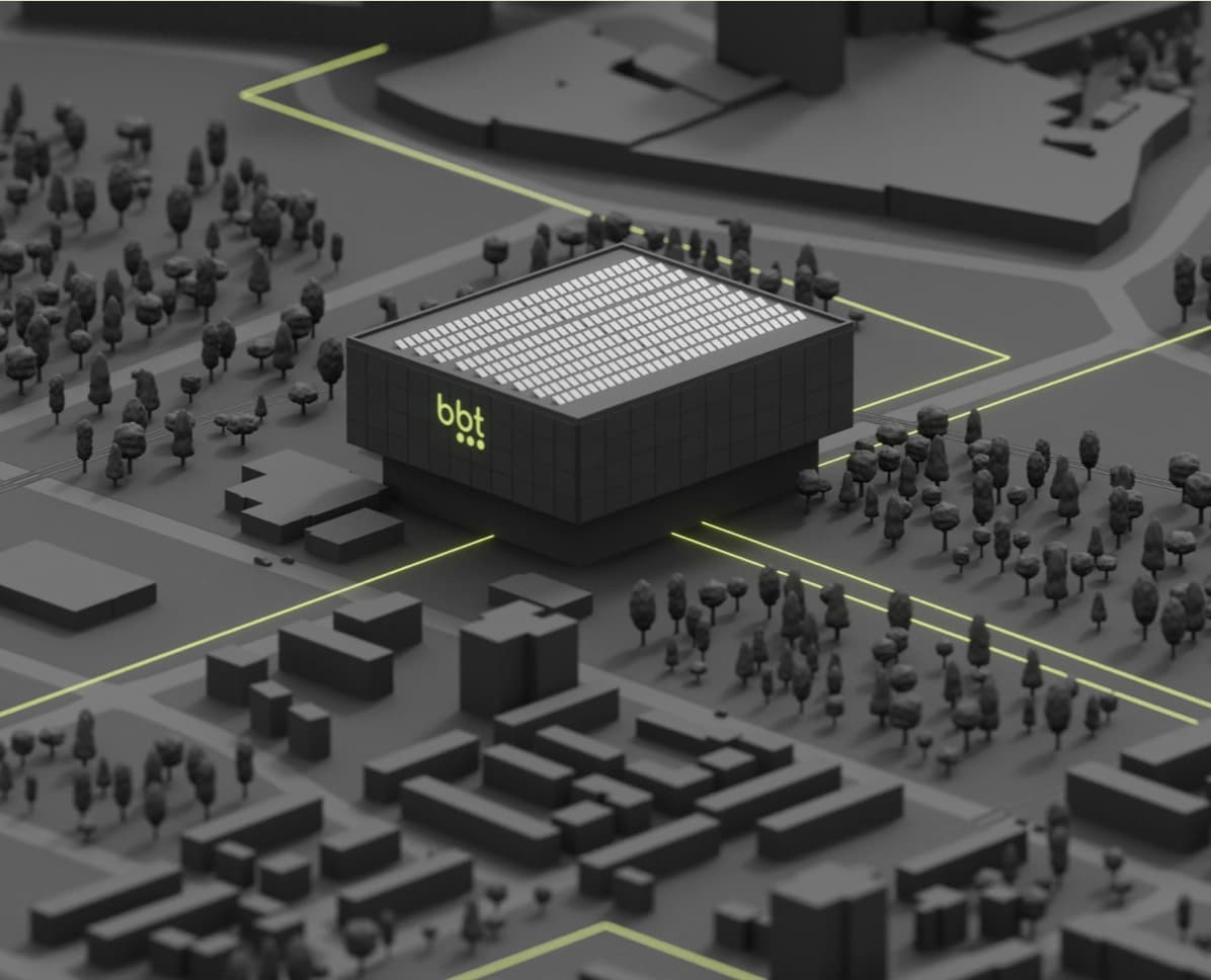 3D-Visualisierung eines Rechenzentrums mit umliegender Glasfasertrasse als Teil einer Breitband Lösung