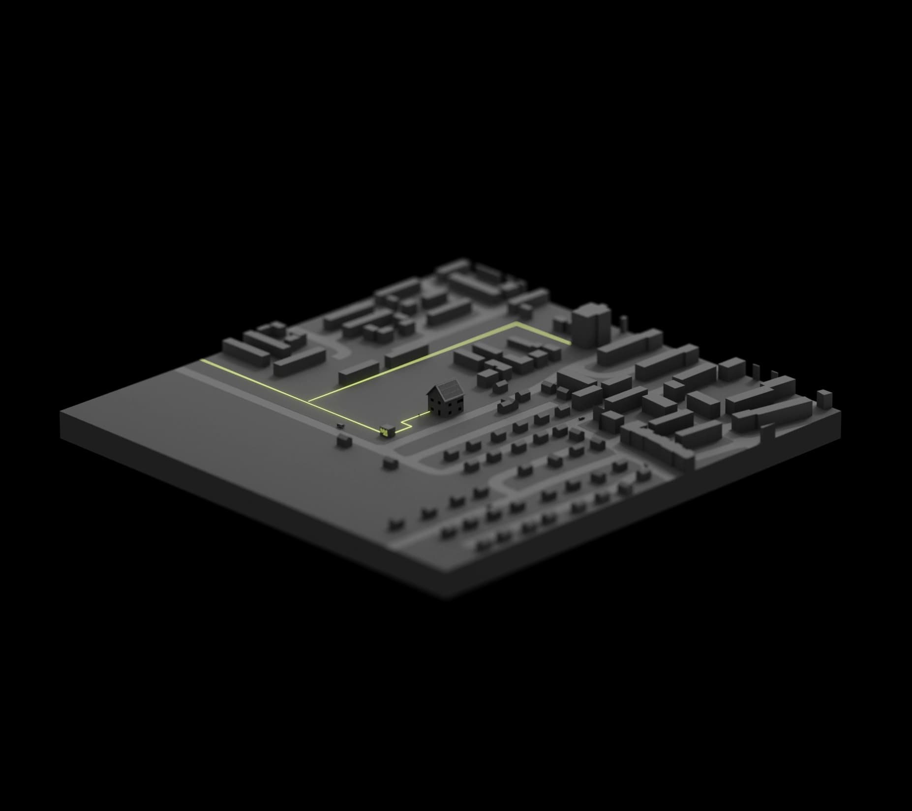 3D-Modell eines Stadtteils mit grüner Leitung zur Visualisierung einer Breitbandausbau Lösung
