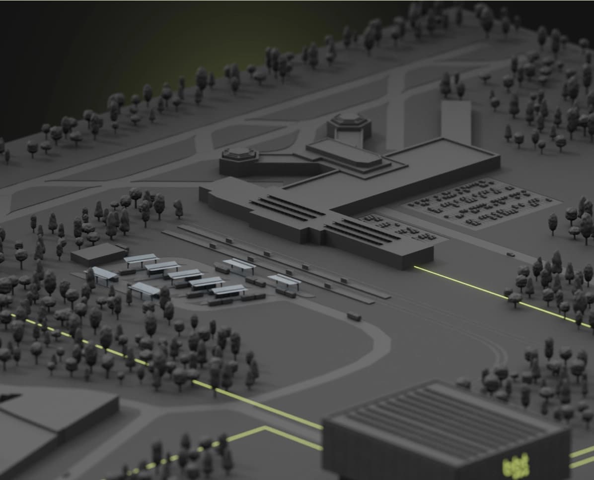 3D Modell einer Infrastruktur mit Gebäuden, Straßen, Fahrzeugen und Leitung für eine Breitband Lösung in den Bereichen Energie, Verkehr und Überwachung