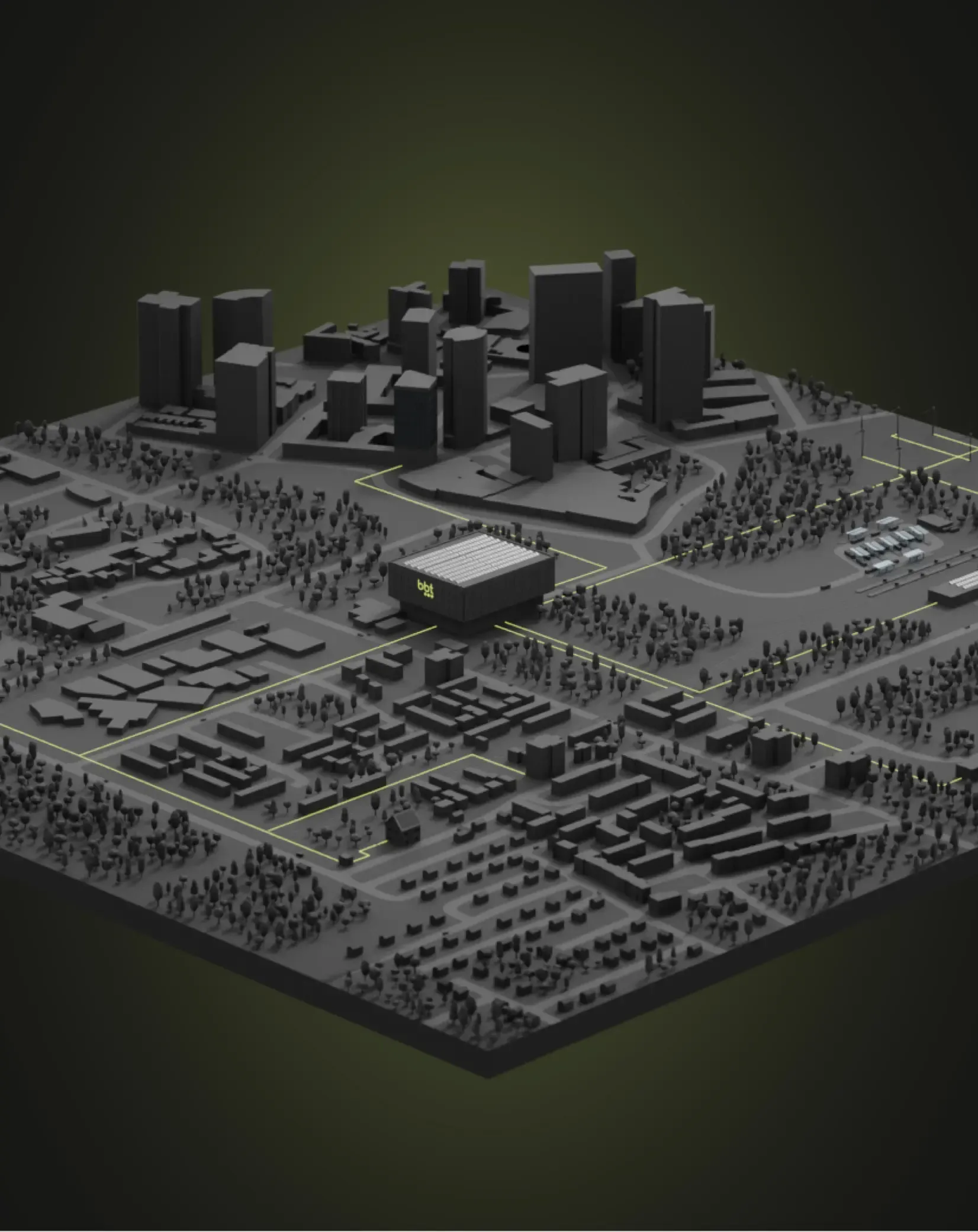 Glasfaser Nachhaltigkeit visualisiert – nachhaltige Netzarchitektur in 3D-Stadt