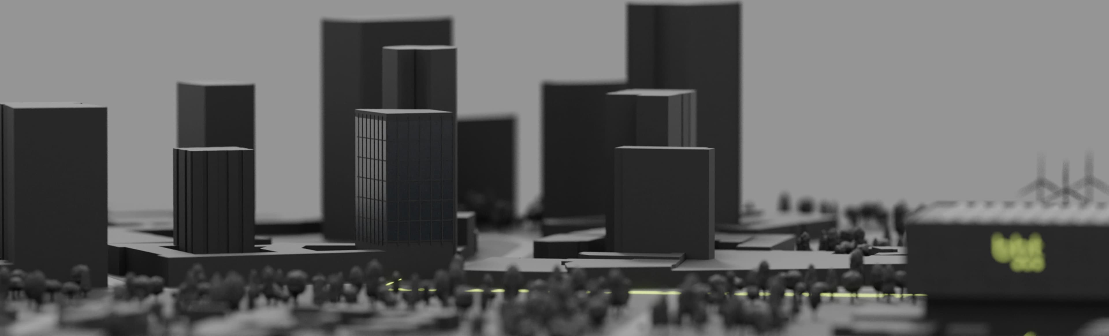 3D-Modell mit Hochhäusern und Leitungssystem zur Darstellung einer Gebäudeverkabelung