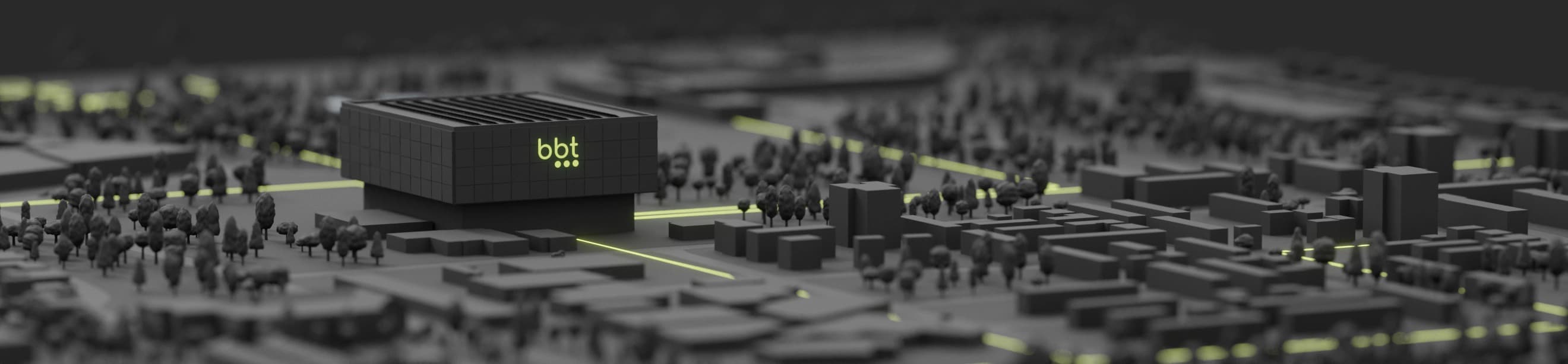 tiefbau glasfaser – 3D-Modell einer vernetzten Stadt mit zentralem Rechenzentrum von bbt